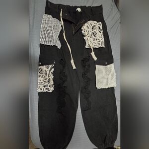 Black Cargo Pants with Crochet Accents